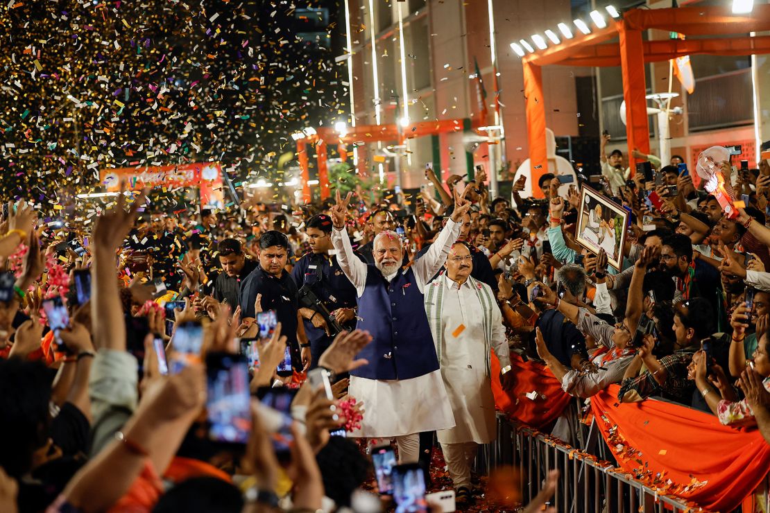 Indian Prime Minister Narendra Modi gestures as he arrives at Bharatiya Janata Party (BJP) headquarters in New Delhi, India, on June 4.