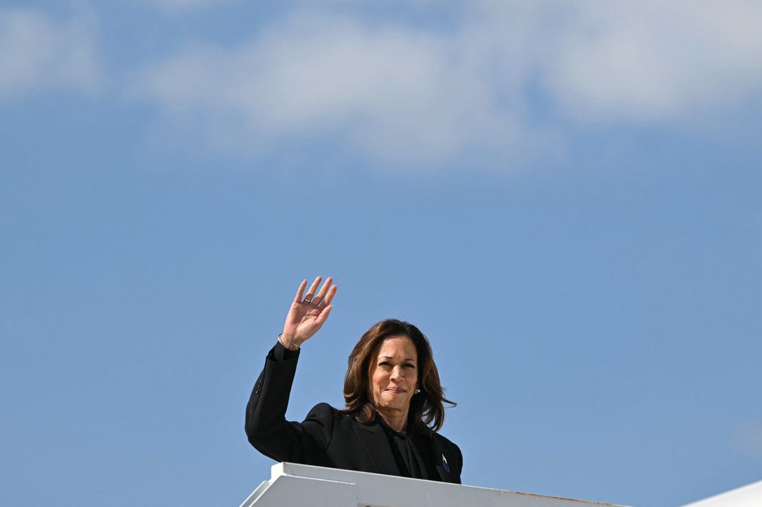 Vice President Kamala Harris boards Air Force Two before departing John Murtha Johnstown-Cambria County Airport in Johnstown, Pennsylvania, on September 11, 2024.